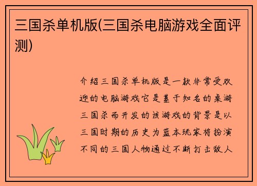 三国杀单机版(三国杀电脑游戏全面评测)